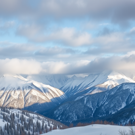 capture a breathtaking winter landscape featuring snow-covered mountains under a cloudy sky, using a DSLR camera with a 24mm wide-angle lens, aperture set to f/8, ISO 200, shutter speed 1/125s, in landscape orientation for enhanced depth and clarity
