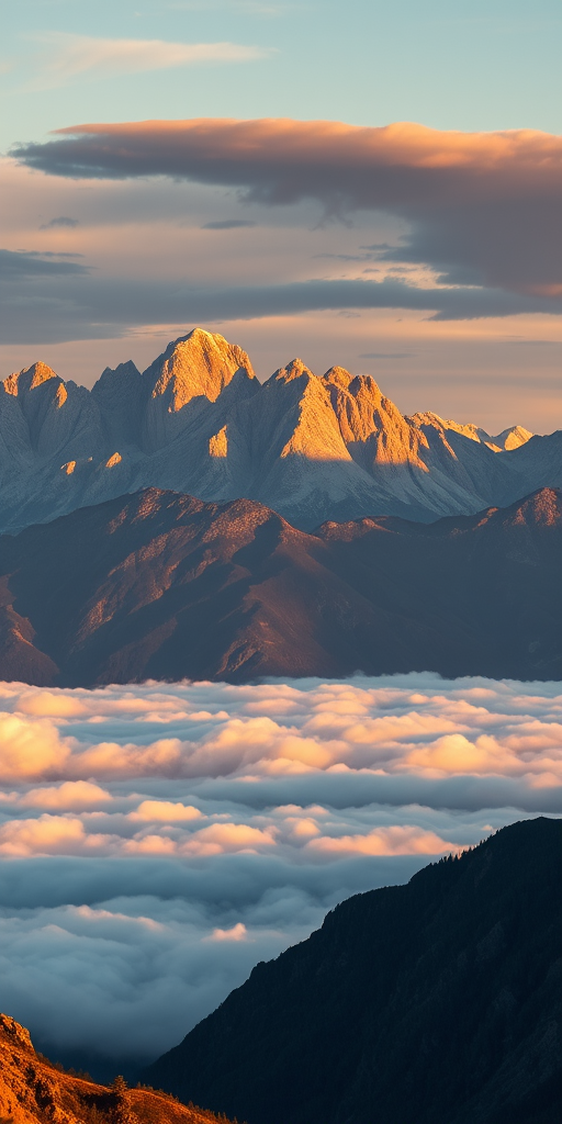 landscape of majestic mountains illuminated by sunset with clouds below, warm golden and cool blue color tones, shot with a Canon EOS 5D Mark IV, 24mm lens, f/8 aperture, ISO 100, 1/60 sec shutter speed, wide-angle view, high dynamic range photography