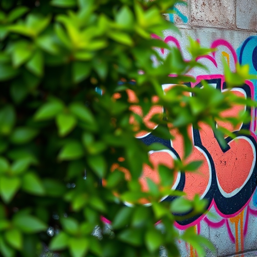 Regenerate the image of a vibrant graffiti wall partially obscured by lush green foliage with sharp detail, using a DSLR camera, 50mm lens, aperture f/2.8, ISO 100, and a shallow depth of field to enhance clarity.