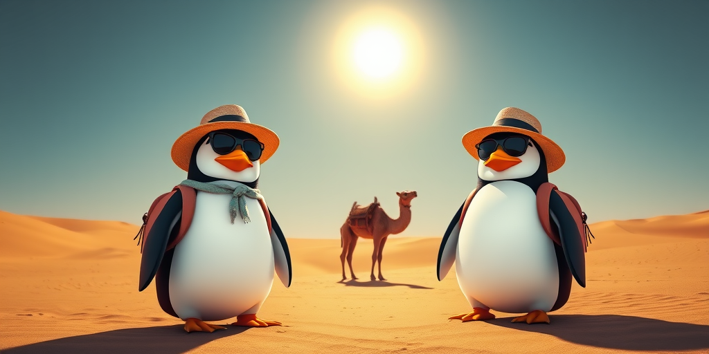 two cartoon penguins wearing hats and sunglasses with backpacks standing in a desert with a camel under a bright sun, shot with a DSLR camera at f/2.8, ISO 100, 50mm lens, vibrant colors, high contrast, wide angle view