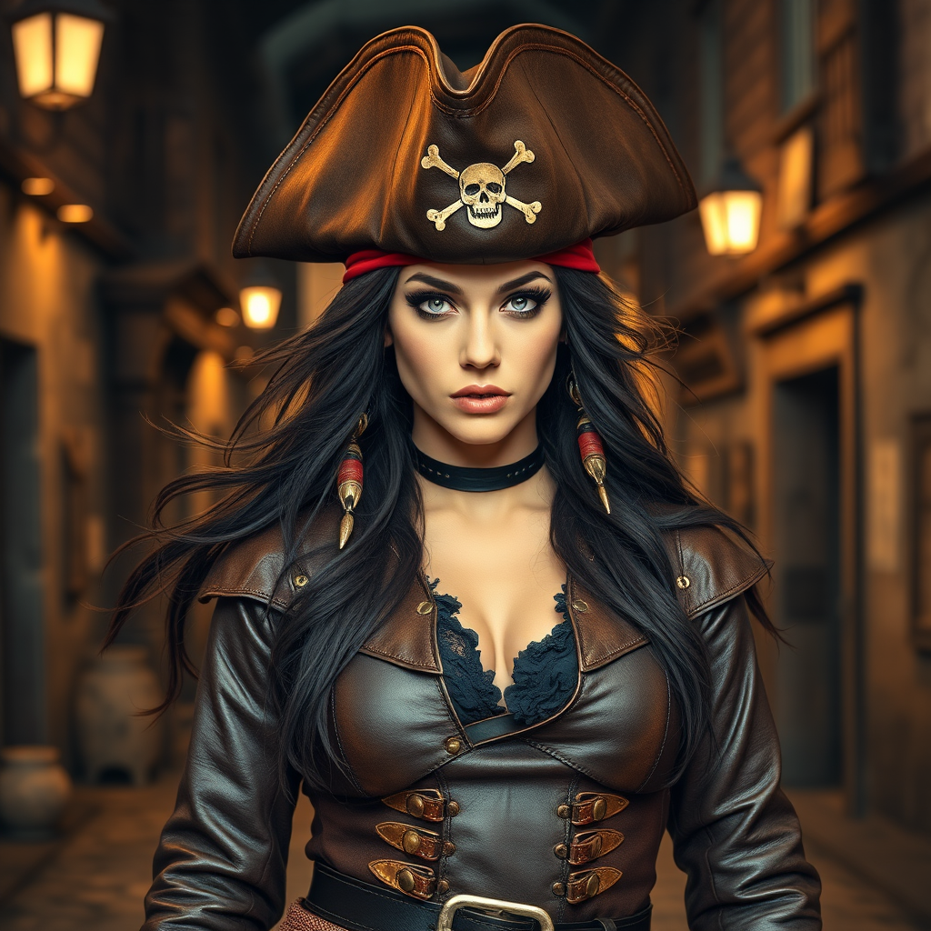 Create a portrait of a fierce female pirate. She wears a leather tricorn hat adorned with a skull and crossbones emblem, and her long, dark hair flows around her face. Her outfit consists of a richly detailed leather jacket, a corset, and multiple layers of belts and accessories, giving her a formidable and stylish appearance. She stands confidently in a dimly lit, historic port town, with a backdrop of weathered buildings and cobblestone streets, capturing the adventurous spirit of a pirate.