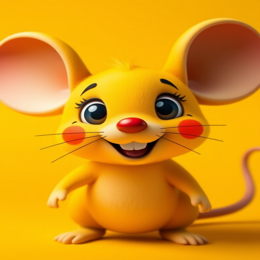 Create an image of a cheerful, cartoon-style yellow mouse-like creature with large ears and red cheeks, set against a vibrant yellow background, using a DSLR camera with a 50mm lens, aperture f/2.8, ISO 100, high saturation, and soft lighting.