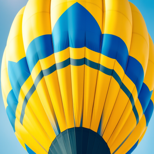 Create a vibrant and colorful illustration of a hot air balloon featuring alternating blue and yellow stripes, captured in a bright and clear daytime setting using a DSLR camera at f/8 aperture, ISO 100, and a 50mm lens to enhance image quality with a shallow depth of field.