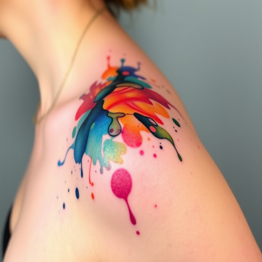 Whimsical watercolor splatter tattoo on the shoulder, featuring an abstract explosion of vibrant hues and flowing paint splatters, creating a unique and artistic representation of color in motion