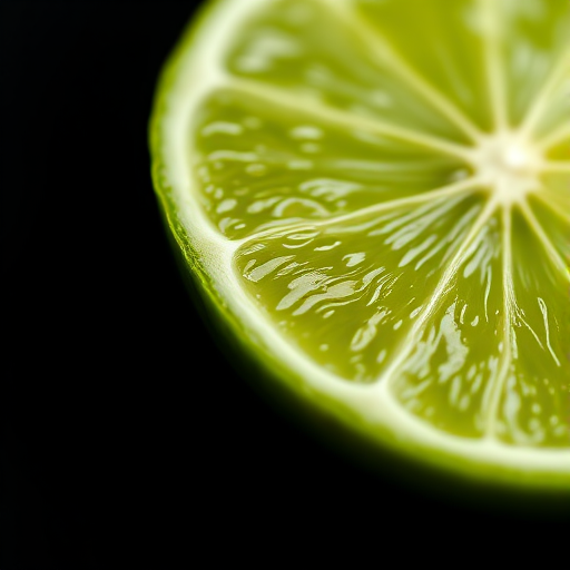 high-resolution image of a sliced lime on a black background, macro shot, f/2.8 aperture, 50mm lens, shot at ISO 100, natural light, shallow depth of field, vibrant colors