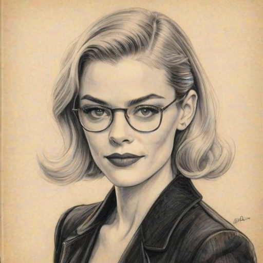 Fetching Jaime King, pencil sketch, portrait of Enticing woman 1931s in glasses, hair style beatnik, outline, clear lines, fine lines, 8k