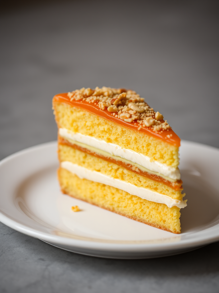 Slice of cake with layers of yellow sponge cake and creamy filling topped with a crunchy caramelized layer and sprinkled with nuts on a white plate.