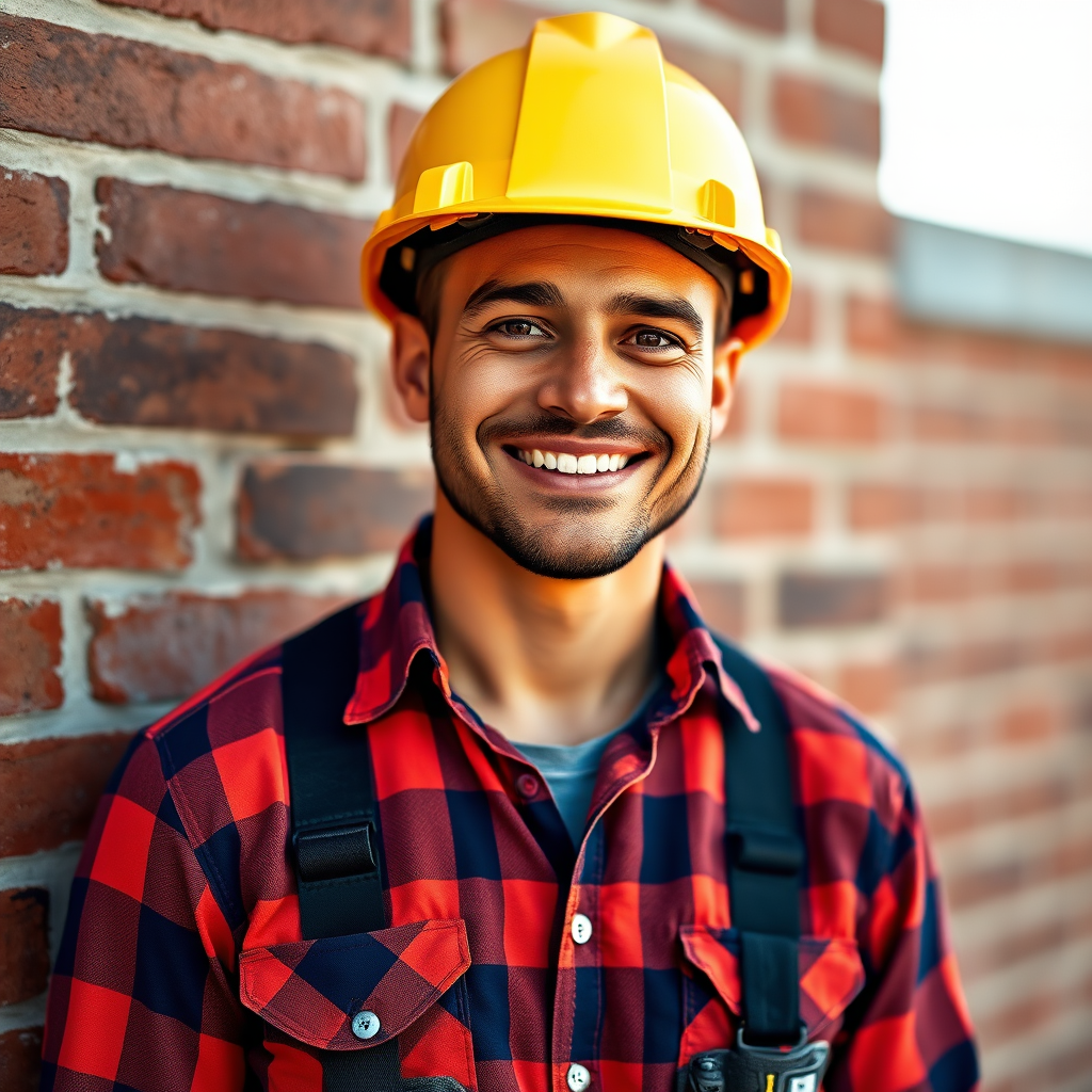 portrait of a smiling construction worker in a plaid shirt and safety helmet standing against a brick wall, natural lighting, 50mm lens, f/2.8 aperture, ISO 100, vibrant colors, shallow depth of field, DSLR camera