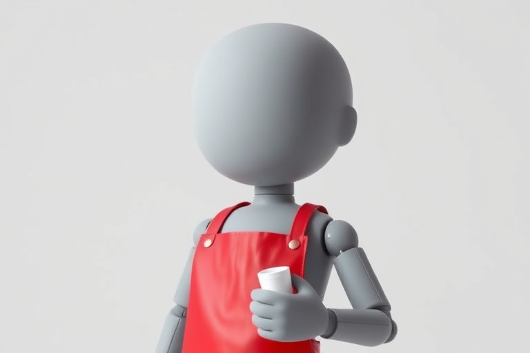 Create an image of a 3D humanoid figure with a smooth gray surface, wearing a red apron and holding a white object, shot with a Canon EOS R5 at 50mm f/1.2, ISO 100, aperture f/2.8, in a well-lit studio with softbox lighting for even illumination and a white backdrop for a clean look.