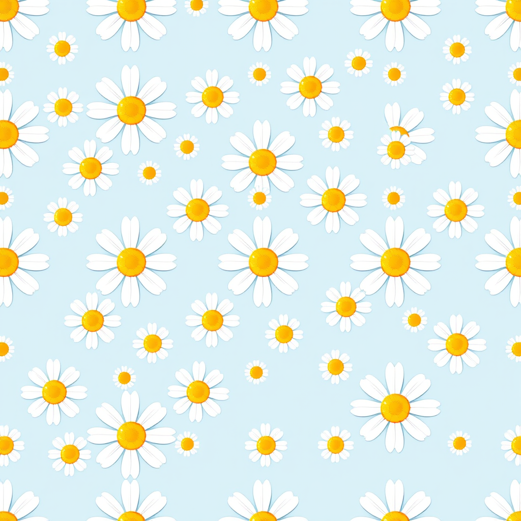 Create a seamless pattern featuring a light blue background filled with white daisies. Each daisy should have a bright yellow center and a simple, clean design. The flowers should be evenly spaced, creating a harmonious and cheerful floral pattern.
