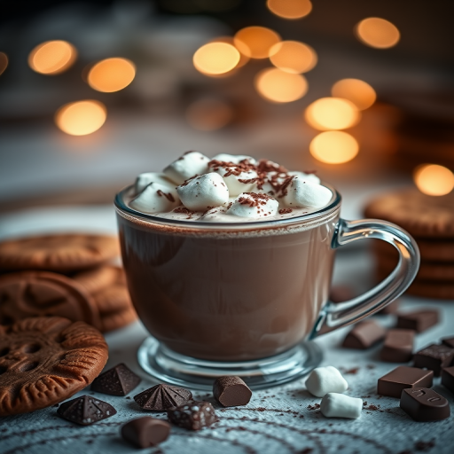 A steaming cup of hot chocolate topped with marshmallows and chocolate shavings, surrounded by cookies and chocolate pieces, softly illuminated with bokeh lights in the background, shot with a Canon EOS R5 at f/2.8, 50mm lens, ISO 100, 1/60s, using natural light for a cozy atmosphere.