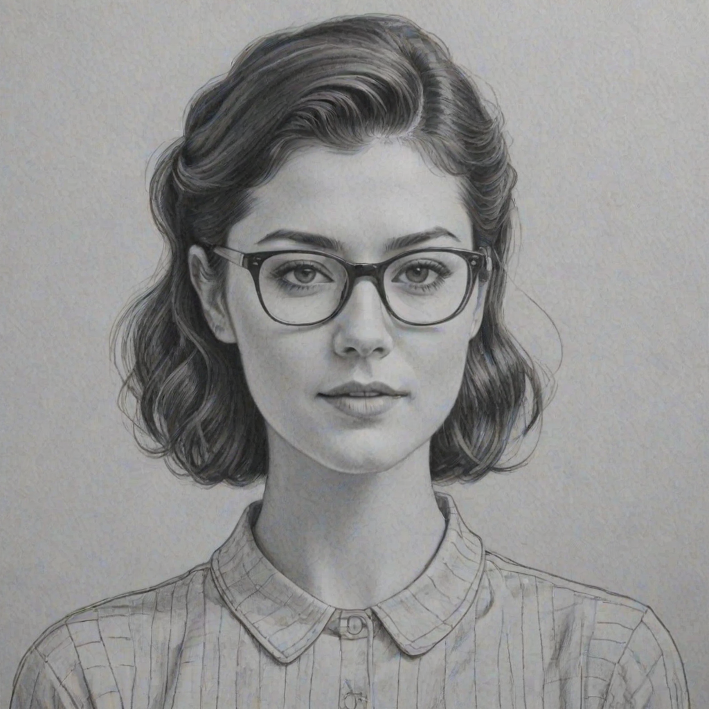 Comely Mary Elizabeth Winstead, pencil sketch, portrait of Beauteous woman 1947s in glasses, hair style beatnik, outline, clear lines, fine lines, 8k