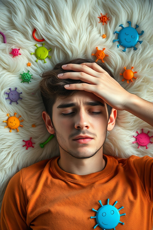 Regenerate an image of a young man lying on a fluffy white surface with his hand on his forehead, appearing stressed or tired, surrounded by colorful cartoon germs, using a Canon EOS R5 camera, 50mm lens, f/1.8 aperture, ISO 100, and a soft focus style.