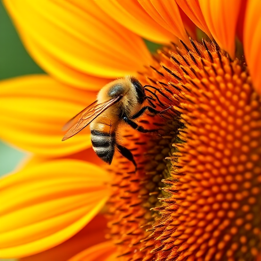 macro shot of a bee on a vibrant sunflower with rich orange and yellow petals, ISO 100, aperture f/2.8, shutter speed 1/250s, 100mm lens, taken with a DSLR in natural light