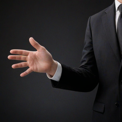a business person in a suit extending their empty palm as if presenting something, with a plain black background