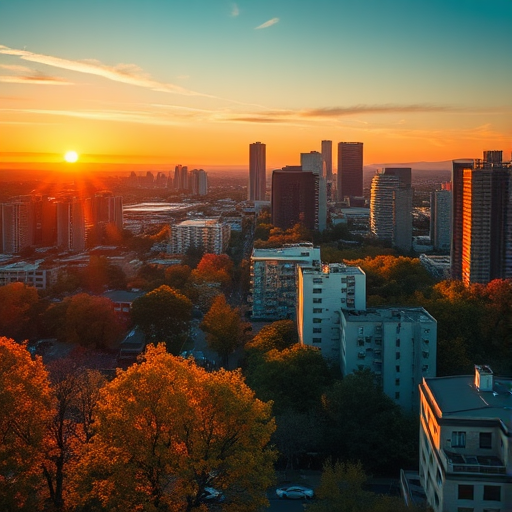 Regenerate the image of a sunset cityscape with autumn foliage, using a Canon EOS R5 with a 24-70mm f/2.8 lens, aperture set to f/8, ISO 100, capturing in golden hour lighting, with a slight tilt-shift effect for depth.