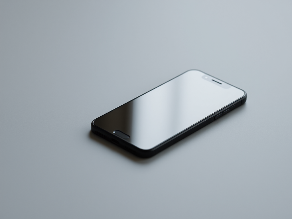 photograph of a sleek black smartphone lying on a smooth gray surface, 50mm lens, f/2.8 aperture, ISO 100, 1/200 sec exposure, shallow depth of field, soft ambient lighting, taken with a DSLR camera