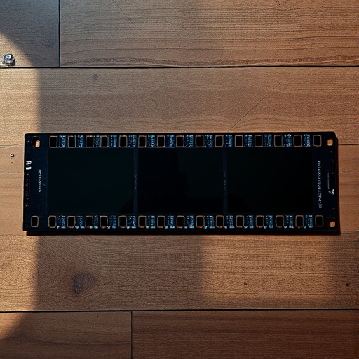 Create a high-resolution image of a film strip with five frames, using a Canon EOS R5 camera, 50mm lens, aperture f/1.8, ISO 100, natural lighting, and a slight top-down view for enhanced depth.