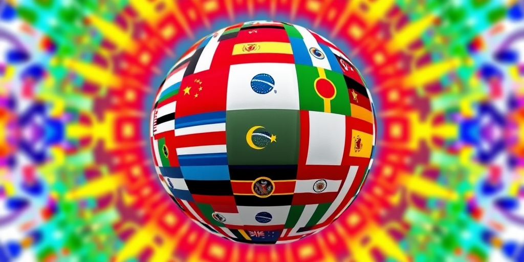 Create a vibrant collage of world flags arranged in a spherical shape on a colorful pixelated background, captured with a Canon EOS R5, 50mm lens, f/8 aperture, ISO 100, in a wide-angle view, using digital art style for enhanced clarity and detail.