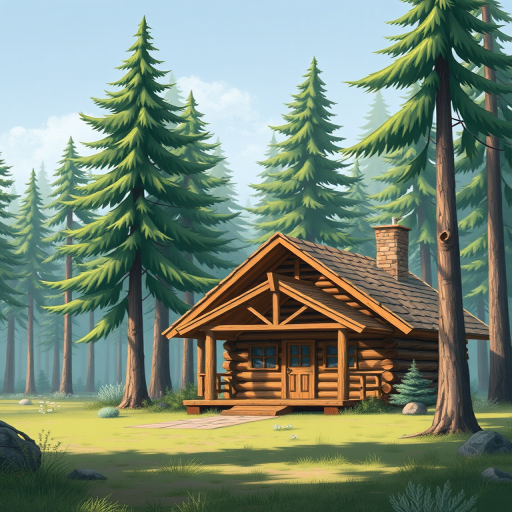 Create a detailed illustration of a cozy log cabin in a forest with tall green pine trees near it, captured in high-resolution with a DSLR camera, 50mm lens, f/2.8 aperture, ISO 100, natural lighting, and a shallow depth of field.