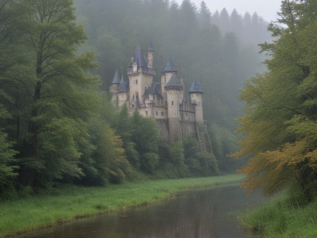a castle in the rain, in the forest.