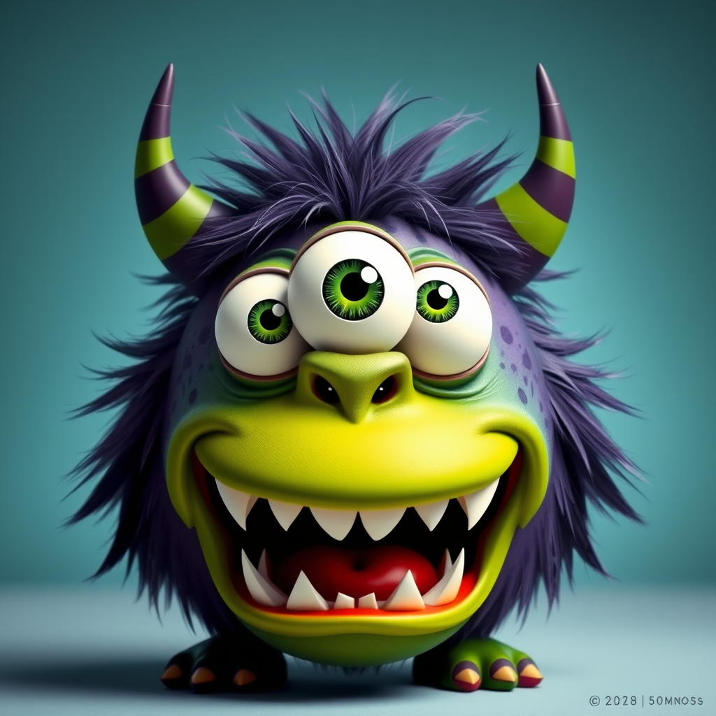 Create a vibrant cartoon-style monster character with three large eyes, a wide jagged mouth, and two horn-like features, emphasizing bright green and contrasting colors, shot with a DSLR camera at f/2.8, ISO 100, 50mm lens, in a well-lit studio environment to ensure sharp details and vivid colors.