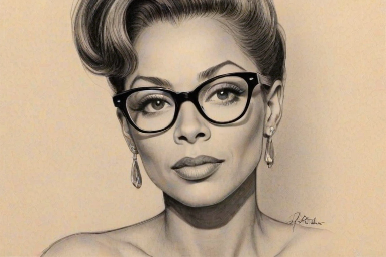 Alluring Debra Wilson, pencil sketch, portrait of Enchanting woman 1956s in glasses, hair style beatnik, outline, clear lines, fine lines, 8k