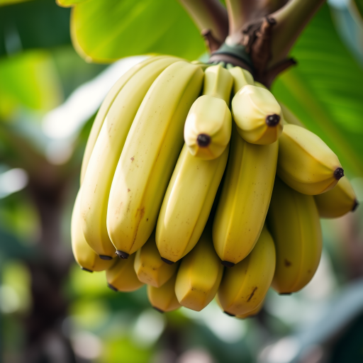 close-up of a bunch of green bananas hanging from a plant, natural lighting, f/4 aperture, ISO 100, 50mm lens, DSLR camera, shallow depth of field, vibrant colors, soft focus background