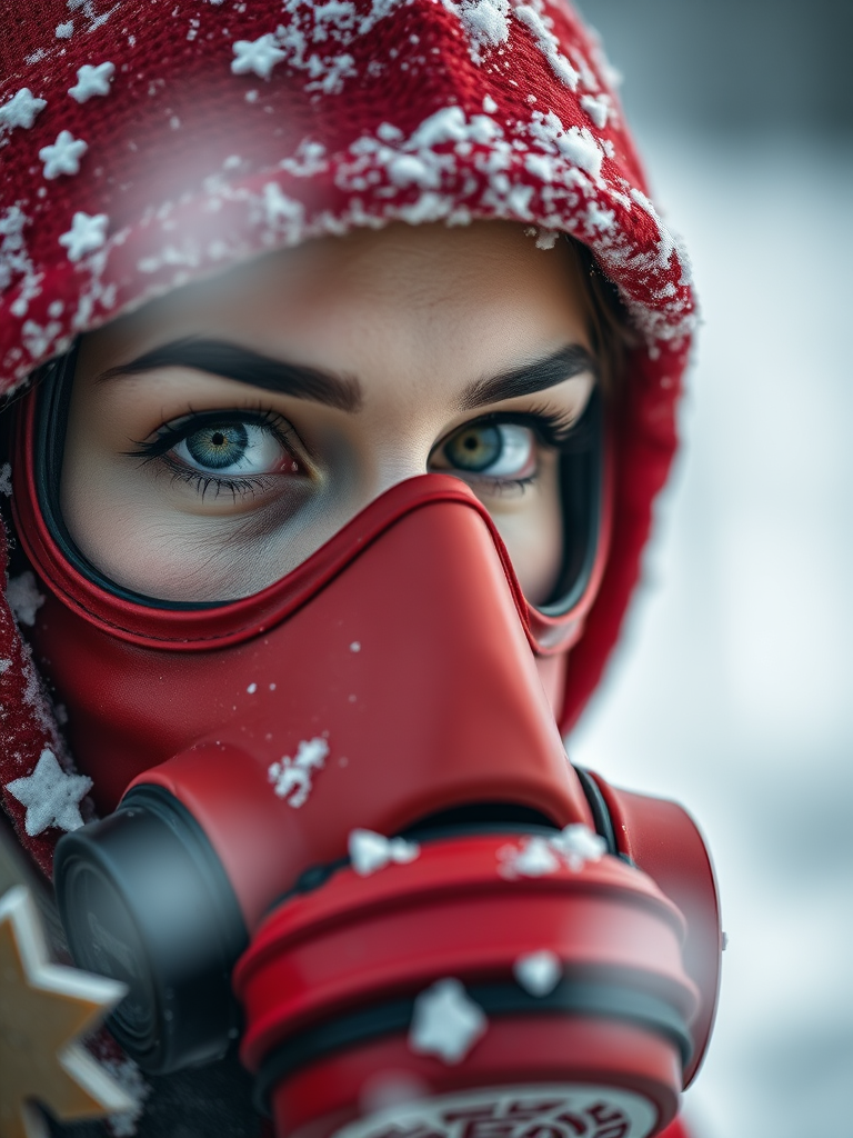 Regenerate a close-up portrait of a female wearing a red gas mask with intricate details, snowy background, sharp focus on eyes, using a DSLR camera, f/1.8 aperture, ISO 100, 85mm lens, in natural light.