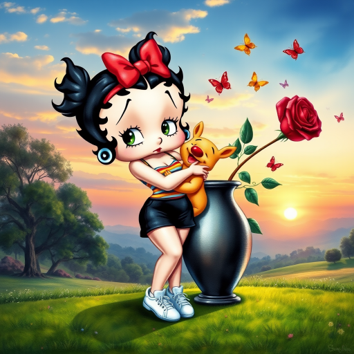 Luxury 3D HD realistic watercolor oil painting. Betty Boop with black hair in two messy buns. Red headband with big bow. He wears black shorts with a colorful t-shirt. White sneakers. She is standing hugging winnie the pooth next to a large vase with a tall red rose, There are trees and butterflies flying. The land with a beautiful lawn. Full body. Background of a sunset