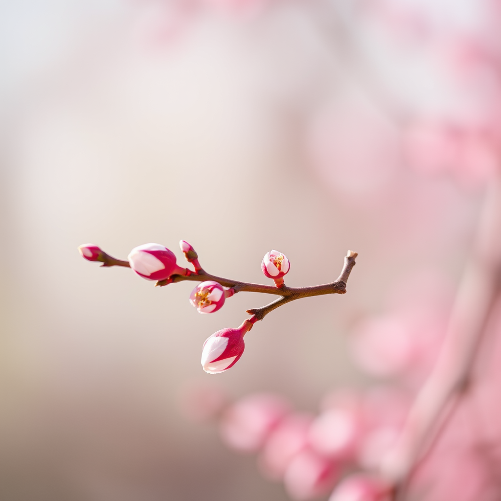 Create a high-resolution artistic depiction of a stylized pink branch with delicate buds, shot with a Canon EOS 5D Mark IV, using a 50mm f/1.8 lens at f/4.0, in a clean, soft focus background to enhance the branch's details, capturing natural light.
