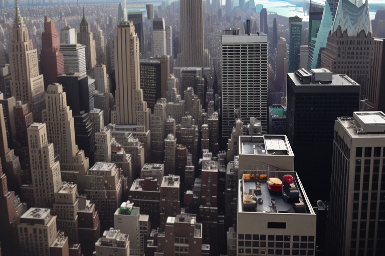 Aerial View of a Busy Urban Cityscape with Skyscrapers and Rooftops.