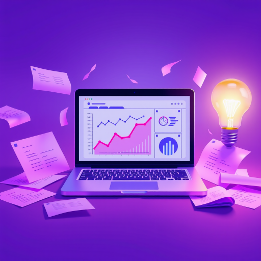 Create a vibrant illustration of a laptop displaying graphs and charts, surrounded by floating sheets of paper and a glowing light bulb, using a high-resolution digital art style, with a focus on bright purple and soft pastel colors, captured with a Canon EOS R5, 50mm lens, f/1.8 aperture, ISO 200, in a flat lay composition.