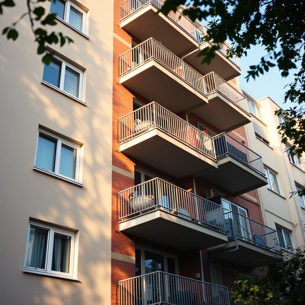 urban apartment building exterior with multiple balconies, afternoon sunlight, focus on architectural details, ISO 200, f/5.6, 1/250 sec, wide-angle lens, shot from a low angle, DSLR camera, natural colors and contrast.