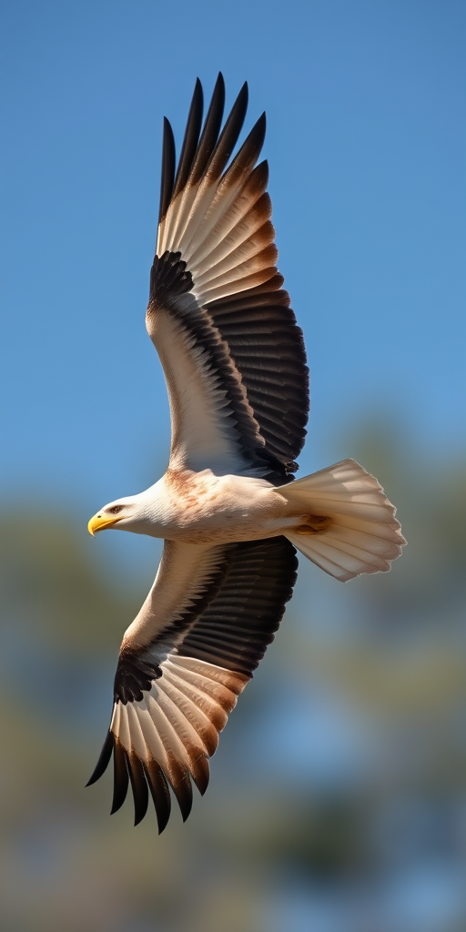 Capture a high-resolution image of a soaring eagle in mid-flight with a Canon EOS R5, 200mm lens, f/4 aperture, 1/1000s shutter speed, sunny weather, clear background, and dynamic angle to emphasize the wingspan and details of the feathers.