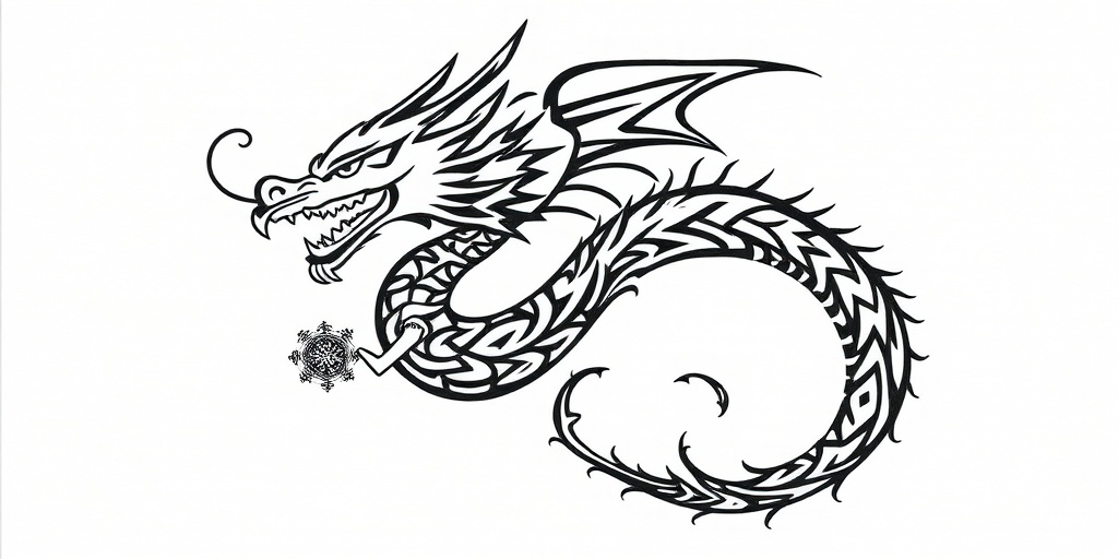 Create a high-resolution digital illustration of an intricate tribal dragon design, using a 50mm lens, f/2.8 aperture, ISO 100, with soft lighting to enhance details and shadows, shot from a frontal view using a DSLR camera.