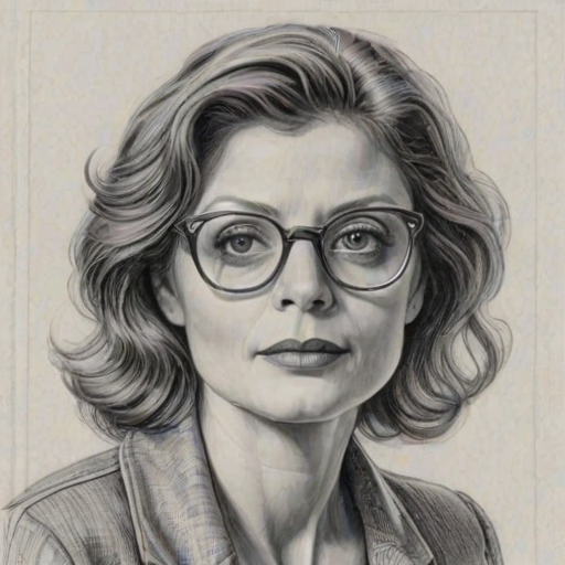 Charming Susan Sarandon, pencil sketch, portrait of Dazzling woman 1931s in glasses, hair style beatnik, outline, clear lines, fine lines, 8k