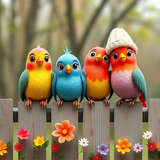 create a scene of 4 quirky  whimsical colourful comical birds each with a funny expression. they are sat on a wooden fence with colourful flowers. they are all different sizes. each one is a different colour  one is wearing a woolly hat. Each one has a different quirky google expression and there is a muted background of trees watercolour paintierly style high definition 8k resolution 3D paper mache