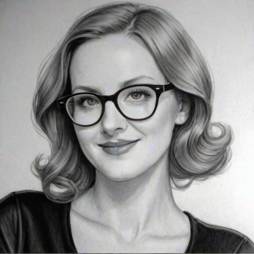 Charming Ingrid Michaelson, pencil sketch, portrait of Enticing woman 1934s in glasses, hair style beatnik, outline, clear lines, fine lines, 8k