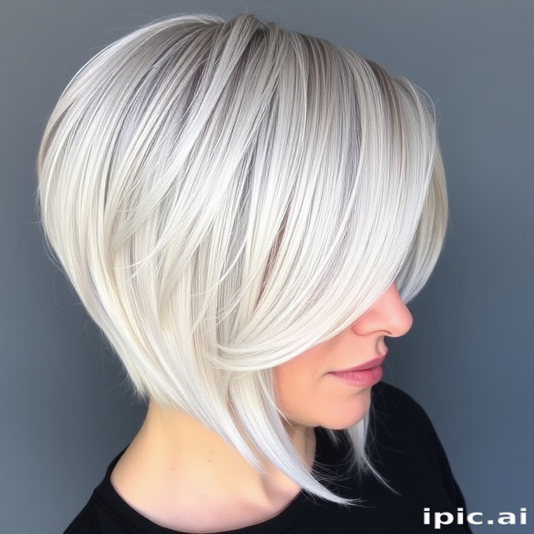 Sophisticated silver fox bob with a sleek side part, featuring icy platinum streaks and a glass-like shine for a polished and timeless look