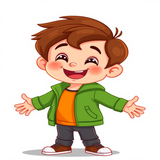 Create a vibrant vector illustration of a cheerful cartoon boy with brown hair, wearing a green jacket and orange shirt, standing with arms open, shot with a Canon EOS 5D Mark IV at f/2.8, ISO 100, 50mm lens in a colorful and playful style.