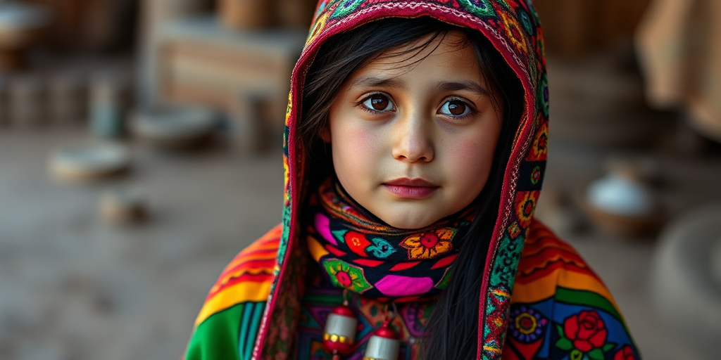 A beautiful Afghan girl, wearing colorful bird clothing with vibrant colors