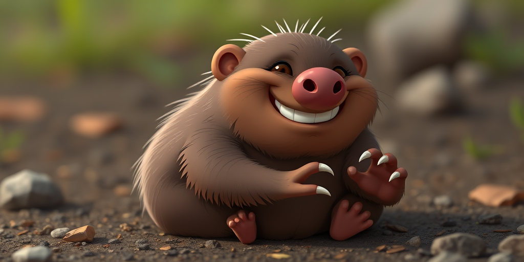 Create a high-resolution cartoon-style image of a mole sitting sideways, showcasing its claws and smiling, using a Canon EOS R5 at f/8, ISO 200, 50mm lens, shot from a slightly low angle to emphasize its features with soft diffused lighting.