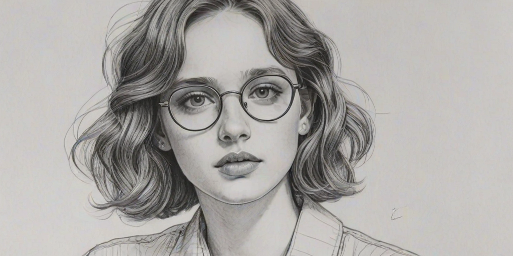 Alluring Maya Hawke, pencil sketch, portrait of Dazzling woman 1936s in glasses, hair style beatnik, outline, clear lines, fine lines, 8k