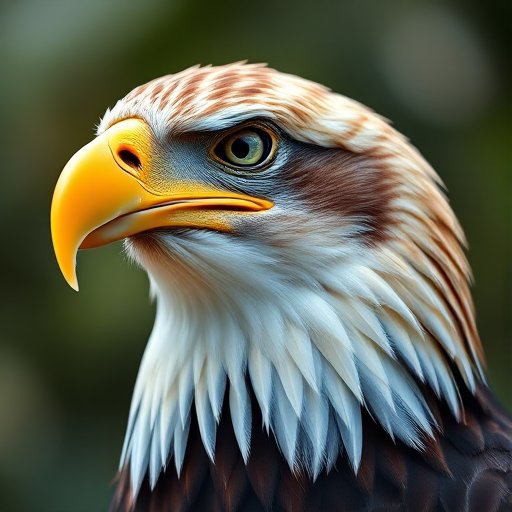 Regenerate an image of a stylized eagle head with sharp features and contrasting colors using a DSLR camera at 50mm focal length, f/1.8 aperture, ISO 200, shot in natural light with a focus on clarity and detail in the feathers.