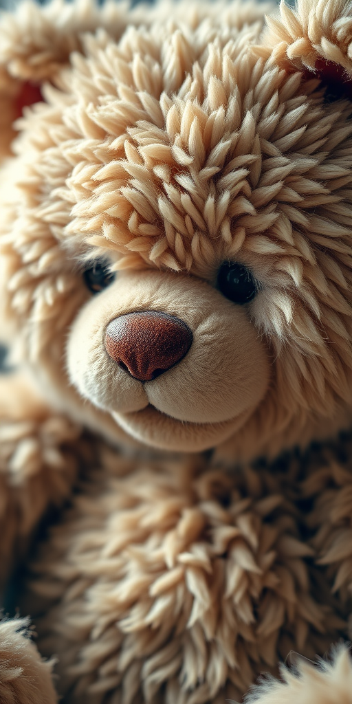 Create a hyper-realistic portrait of a fluffy teddy bear with intricate fur details, soft lighting, taken with a DSLR camera at f/2.8 aperture, ISO 200, 50mm lens, 1/100 sec shutter speed, in a close-up view, using a shallow depth of field to enhance texture and warmth.