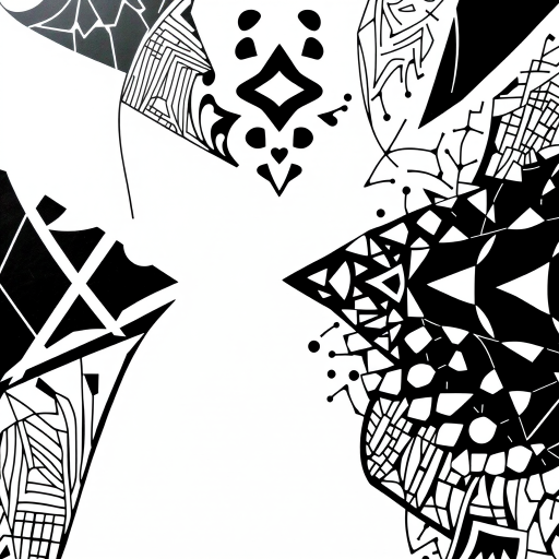 Generate an abstract black and white design featuring intricate geometric shapes and patterns, captured with a Canon EOS R5, 50mm lens, f/1.8 aperture, ISO 100, shot from a top-down view for a clean composition.