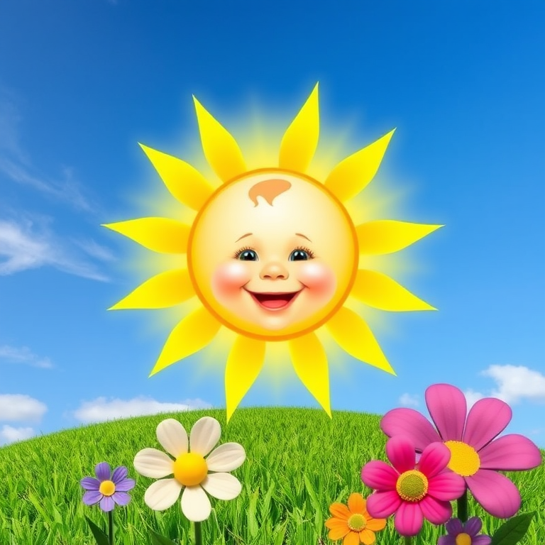 Create an image shows a bright, sun with a smiling baby's face in the center, radiating soft yellow rays. The sun is set against a clear blue sky with a few wispy clouds. Below, there's a lush green grassy hill with colorful, oversized flowers, giving the scene a whimsical, playful atmosphere.