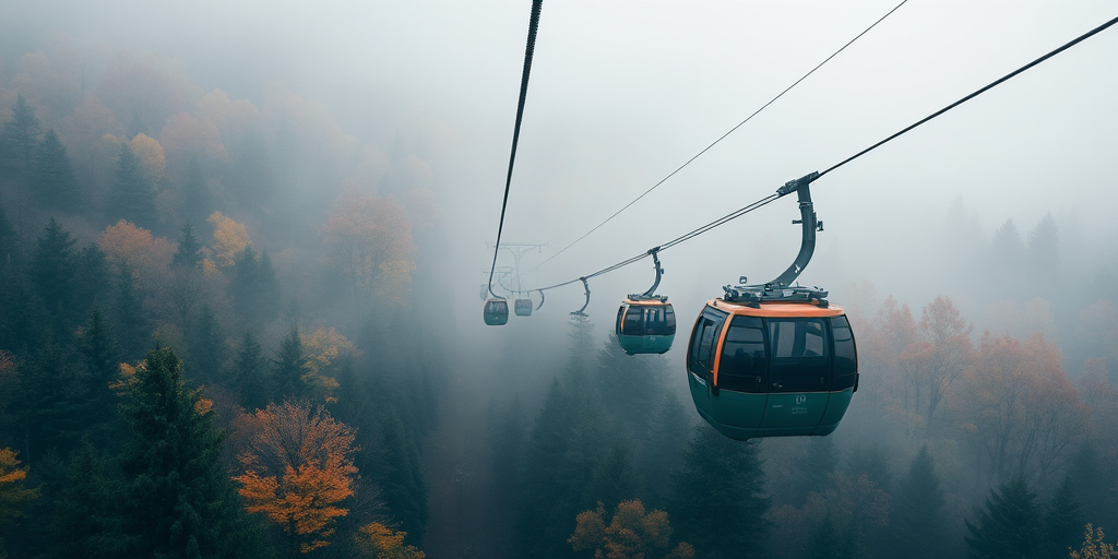 Capture a high-resolution image of a cable car traversing through a foggy forest with autumn foliage, using a Canon EOS R5 with a 24-70mm f/2.8 lens at f/4, ISO 100, 1/250 sec, from a bird's eye view for dramatic depth and clarity.