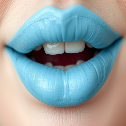 Whimsical pastel blue lips with a frosted finish, evoking a dreamy and fantastical aesthetic, ideal for creative and artistic makeup